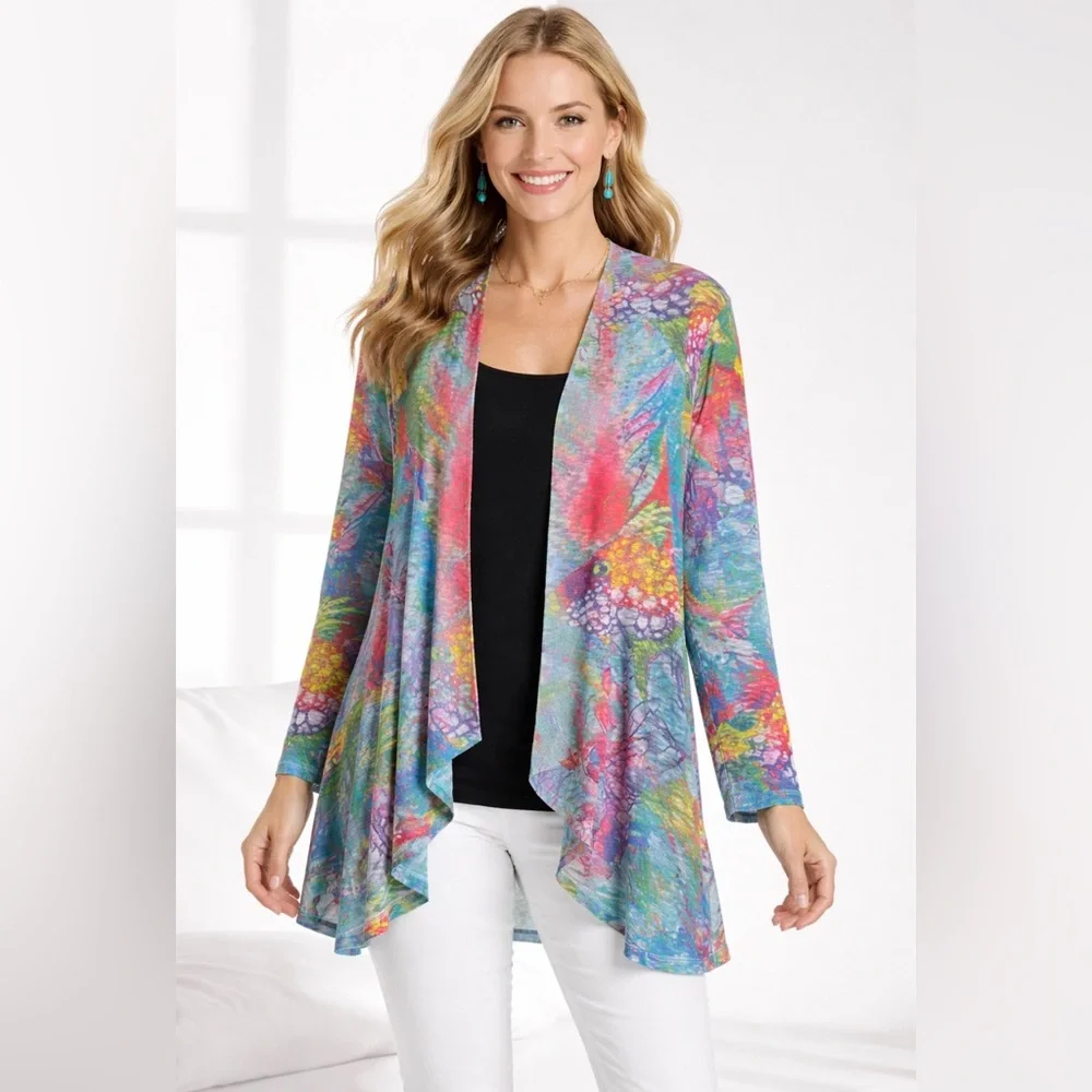 Leoma Lovegrove XXL Colorful Fish Art Open Front Cardigan Jacket Sweater - Picture 1 of 9